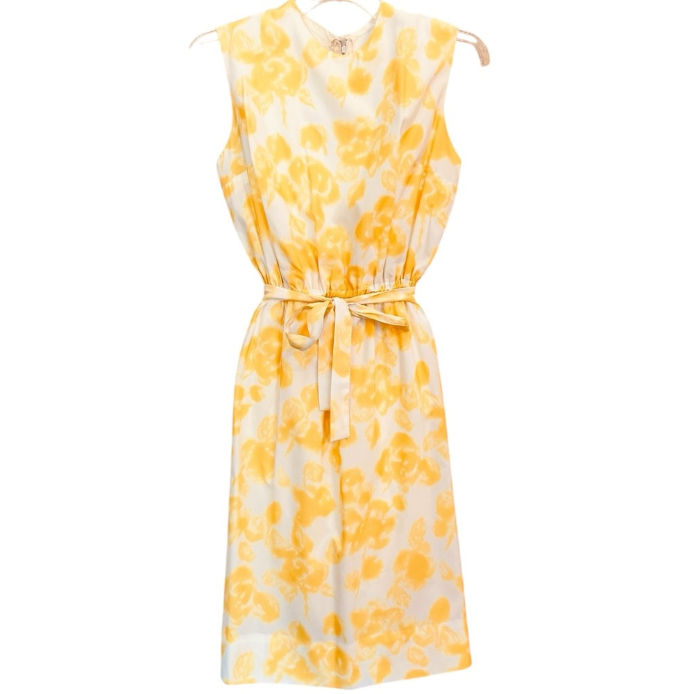 Vintage 60s Floral Yellow Sleeveless Belted Cheerful Dress XS/S Mod Retro